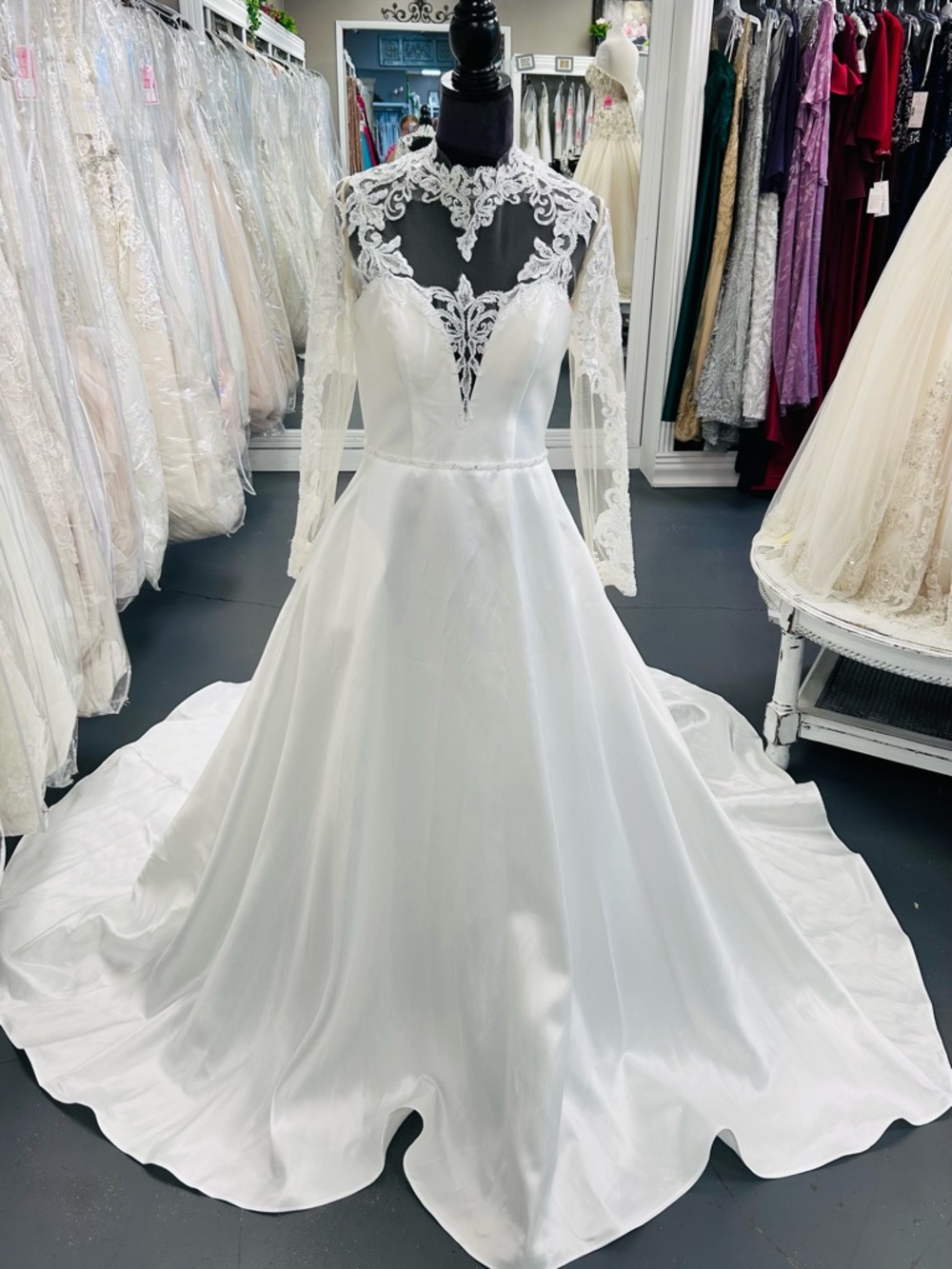 Long Sleeve Lace Illusion Bodice Satin Wedding Dress - White